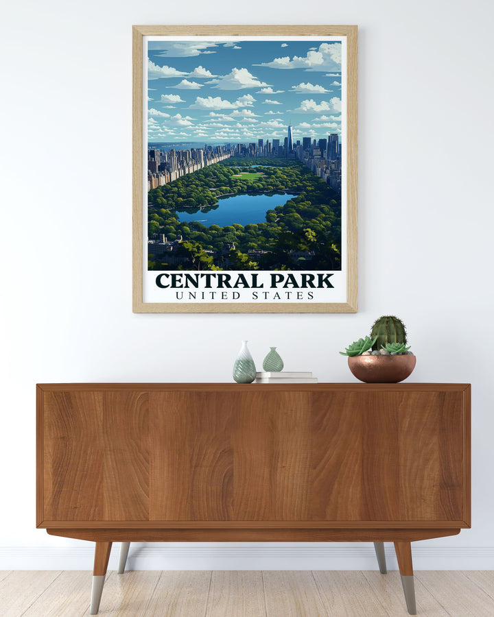 This poster artfully depicts Central Parks Lake and its role as a peaceful retreat in the city, offering a perfect blend of scenic landscapes and urban charm for your decor.