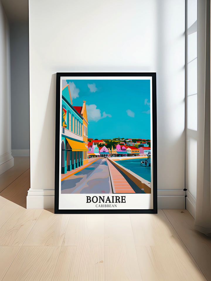 Bonaire Poster Print brings the vibrant colors of the Caribbean into your home, showcasing the beauty of Downtown Kralendijk and the Island of Bonaire. Ideal for those who love Caribbean decor and tropical landscapes.