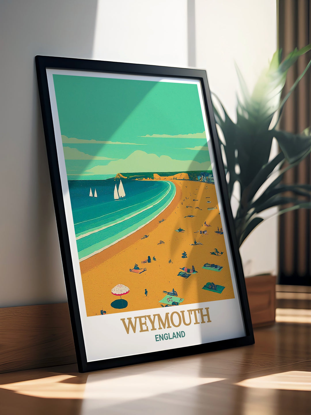 Coastal wall art featuring Weymouth Beach with its tranquil waters and picturesque promenade. This print adds a touch of coastal elegance to your decor, offering a daily reminder of the beauty of the English seaside.