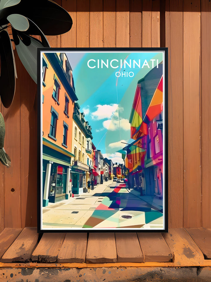 This Cincinnati city map travel poster beautifully depicts the vibrant streets surrounding Findlay Market. A great gift for Cincinnati lovers, this minimalist artwork makes a unique and memorable addition to any living space or home office.