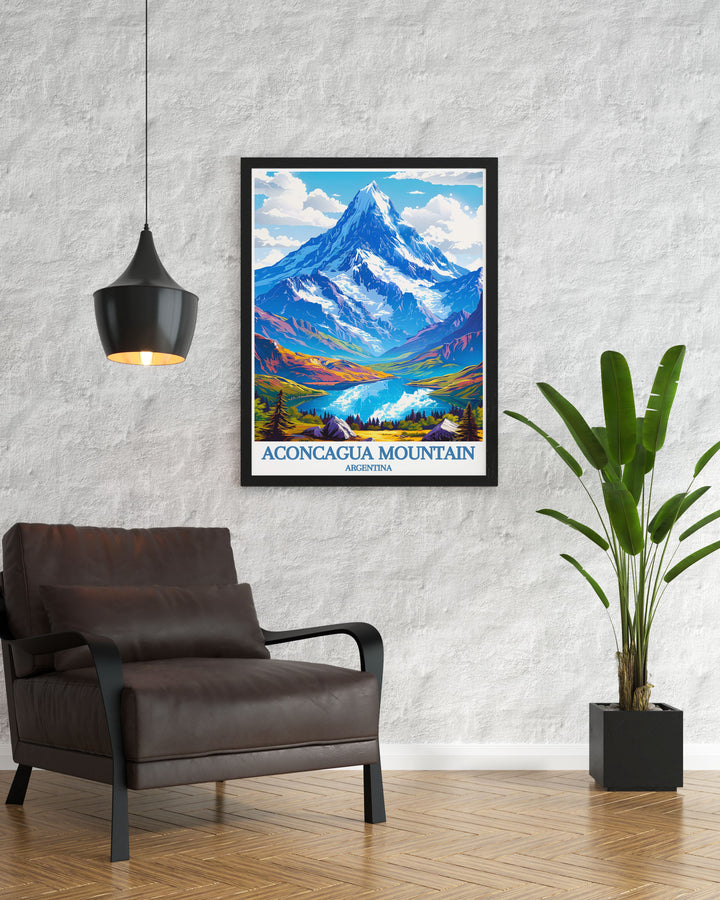 A stunning Aconcagua Mountain poster from our vintage travel print series ideal for adding a touch of adventure to your decor and celebrating the tallest mountains.