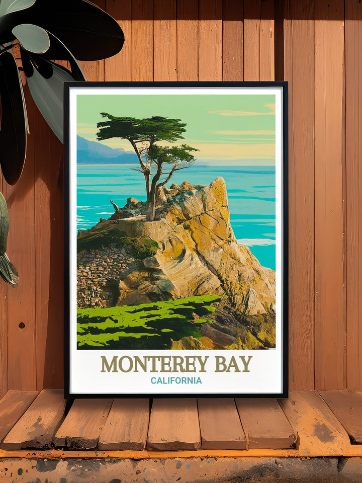 Captivating canvas print of Monterey Bays 17 Mile Drive, highlighting the lush greenery and scenic surroundings of California. Perfect for adding a touch of elegance to your space. This print brings the peaceful beauty of Californias coastline into your home.