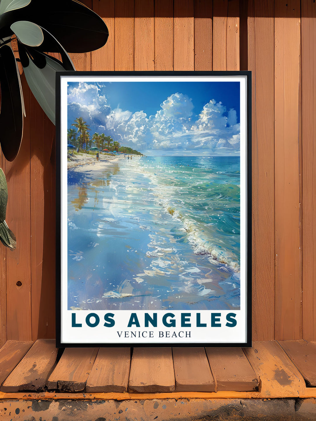 Showcasing both Los Angeles and Venice Beach, this travel poster captures the unique blend of city excitement and beach relaxation, perfect for enhancing your living space with Californias coastal elegance.
