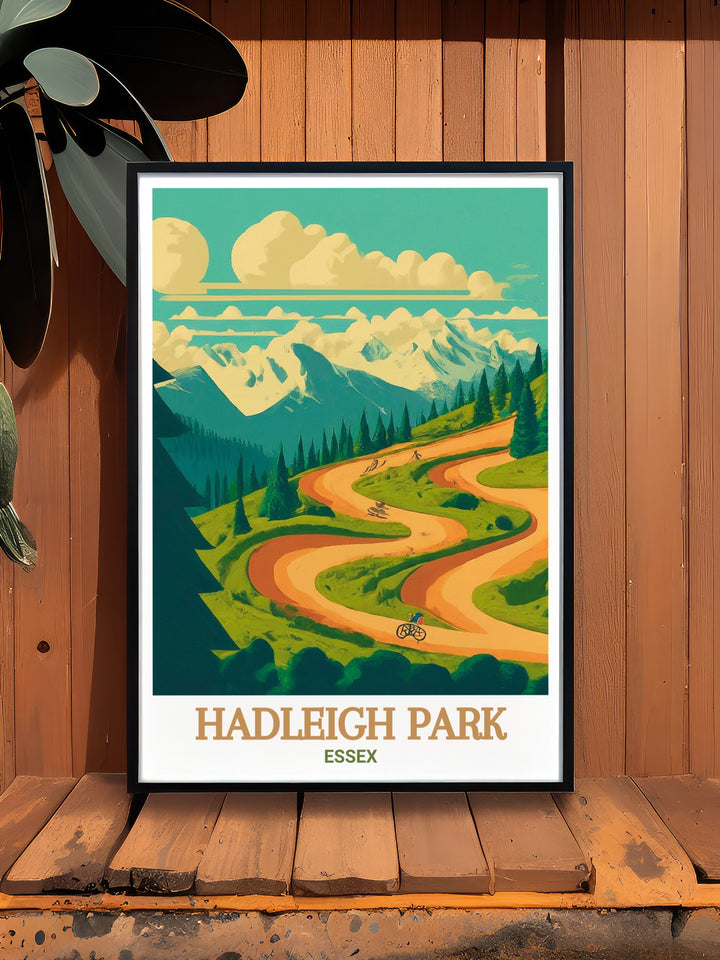 Olympic Mountain Bike Course art collection with a focus on Hadleigh Park mountain biking. This Essex poster is ideal for cycling lovers and as a unique gift. The vibrant colors and fine lines highlight the excitement and scenic beauty of this iconic location.