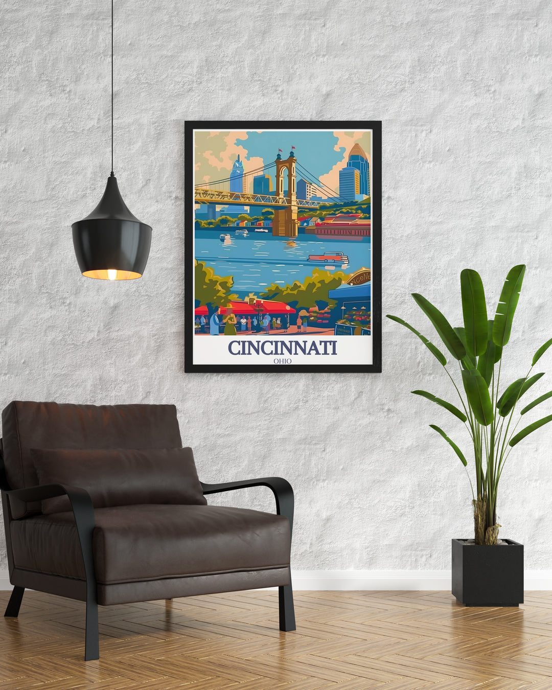 Cincinnati Art Print of Ohio River and Findlay Market combining modern black and white design with intricate street maps and botanical garden themes great for enhancing living rooms or as memorable gifts for birthdays anniversaries or other special occasions