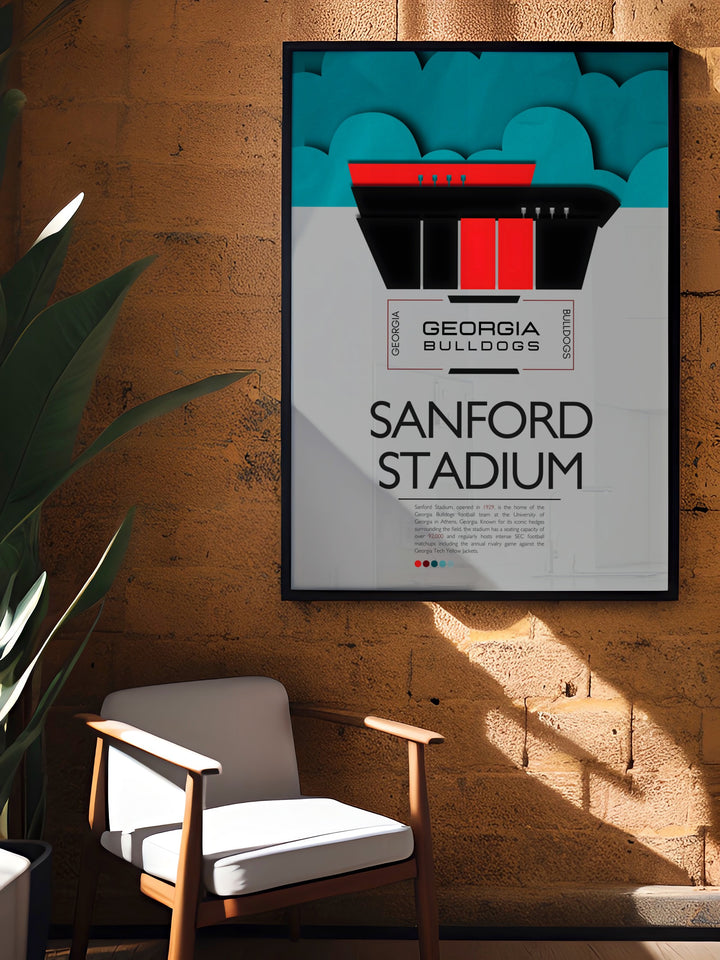 The Georgia Bulldogs poster of Touchdown Jesus at Sanford Stadium captures the excitement of college football making it a unique and cherished gift for Bulldogs fans