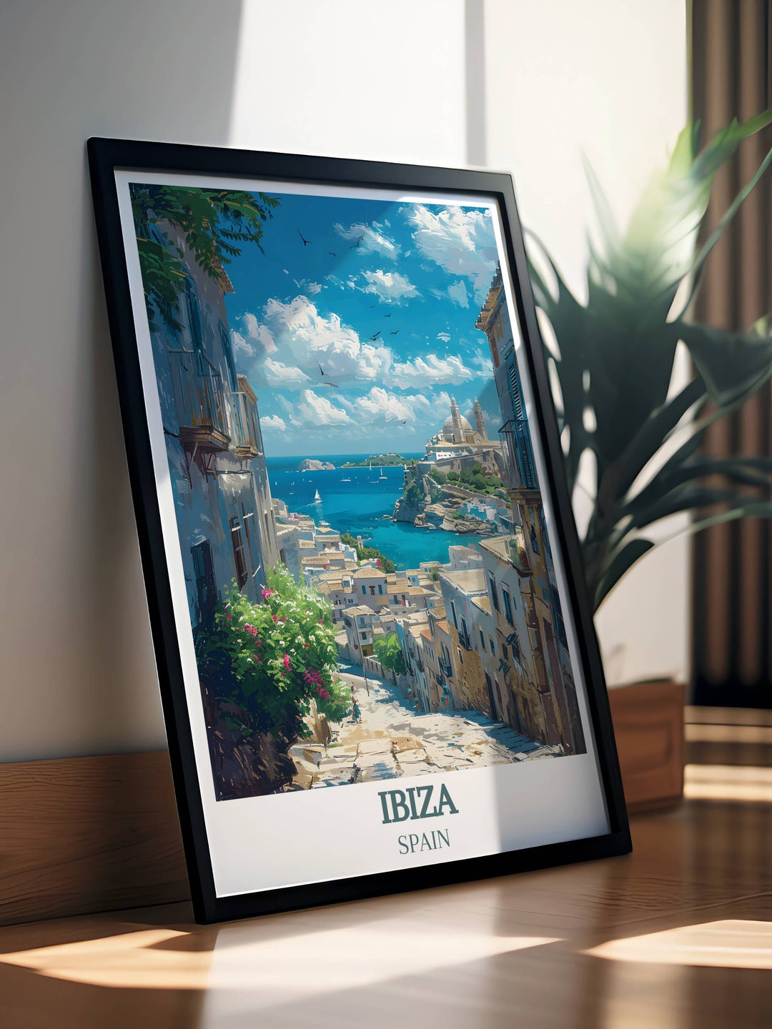 Ibiza Spain Print featuring the famous Ocean Beach Club and the historical Dalt Vila Ibiza Old Town capturing the dual essence of Ibizas energetic club life and rich cultural heritage perfect for any room