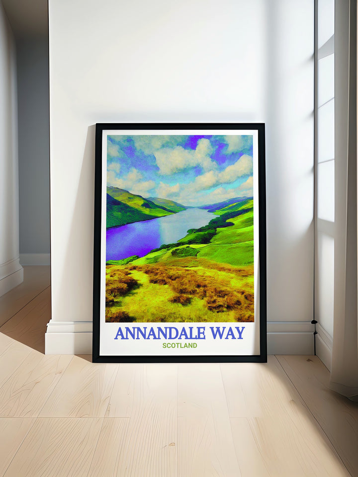 Annandale Way Print featuring the stunning landscapes of Scotland including Moffat Hills and St. Marys Loch perfect for creating a serene atmosphere in your home this print is an ideal choice for art lovers and hiking enthusiasts