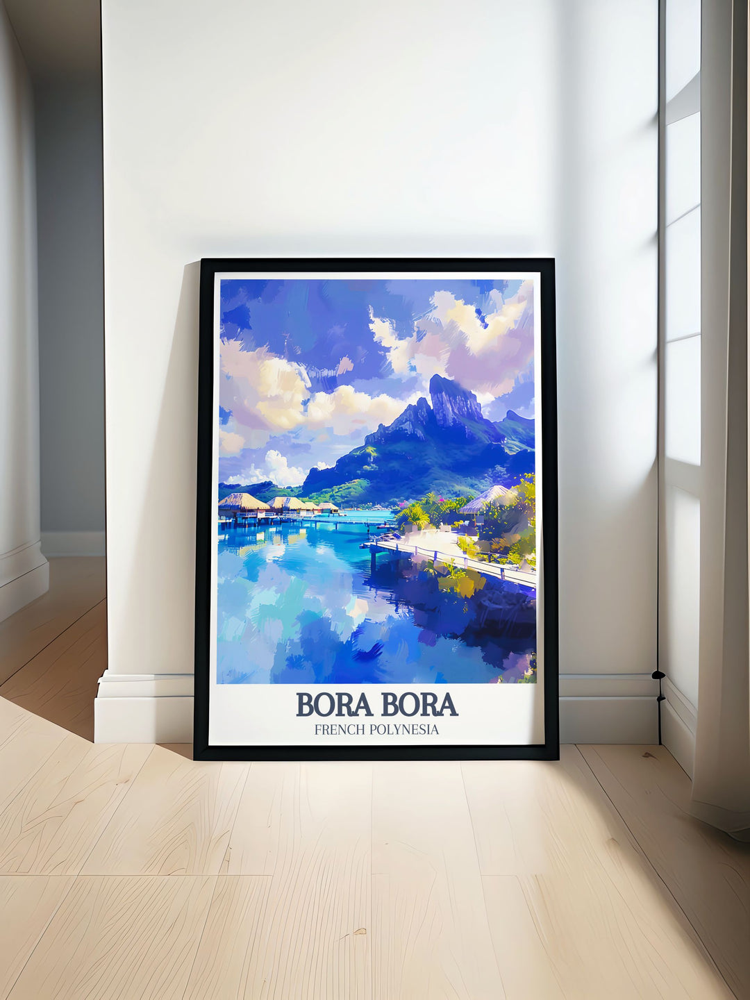 Travel poster featuring Mount Otemanu Matira Beach showcasing the breathtaking beauty of French Polynesia perfect for art and collectibles enthusiasts this Bora Bora print captures the essence of Bora Bora island ideal for enhancing any home decor with elegance and serenity.