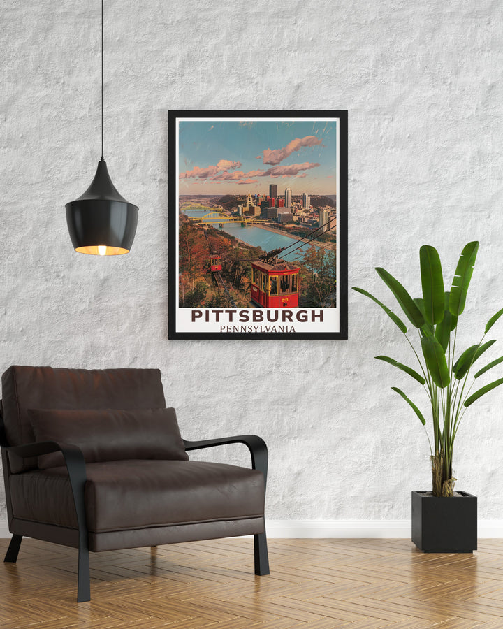 A detailed Pittsburgh travel print showcasing the Duquesne Incline and bridges. This fine art print brings Pittsburghs famous Incline to life, set against the citys iconic skyline, a perfect décor piece for those who admire urban landscapes.