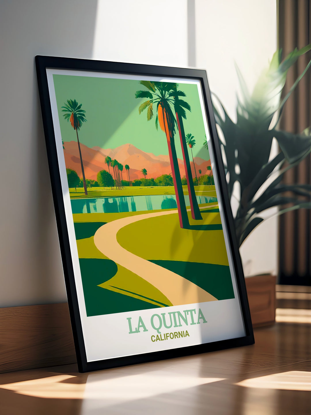 La Quinta travel print featuring Civic Center Park, a serene oasis in Californias Coachella Valley. This poster captures the parks fountains, greenery, and peaceful atmosphere, making it an ideal addition to any home. Perfect for lovers of nature and outdoor spaces, this art brings tranquility indoors.