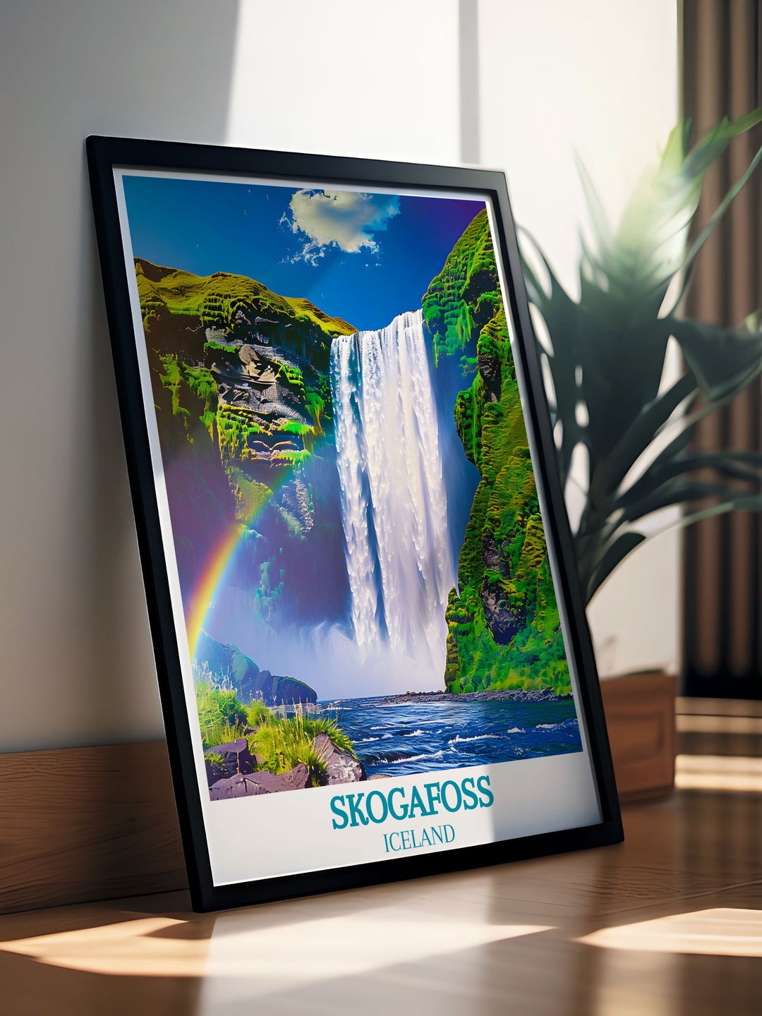 Showcase the majestic splendor of Skogafoss with this travel poster, perfect for adding a touch of Icelands natural beauty and wonder to your home decor.