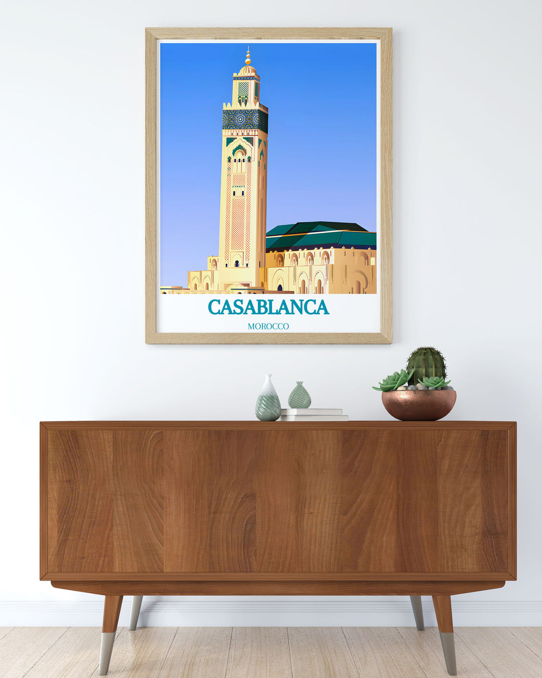 This poster artfully depicts Hassan II Mosque and its role as a central landmark in Casablanca, offering a perfect blend of architectural marvels and urban landscapes for your decor.