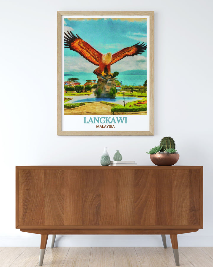 This Langkawi poster print features Eagle Square, one of Malaysias most iconic landmarks. The detailed design showcases the monumental eagle statue, capturing the essence of Langkawis vibrant cultural history. Perfect for home decor, this travel print adds a touch of Malaysian heritage to your walls.