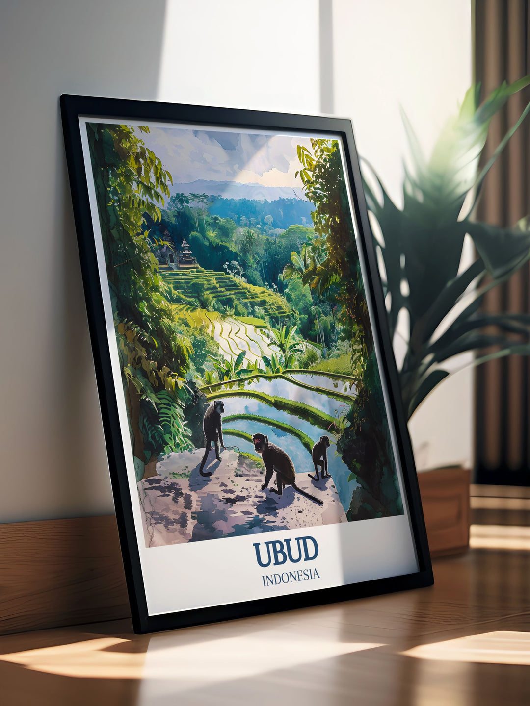 This Bali art print highlights Ubuds Tegalalang Rice Terrace and Sacred Monkey Forest Sanctuary, blending natural beauty with cultural richness. The perfect travel poster for Bali enthusiasts, it brings the islands charm into any living space.