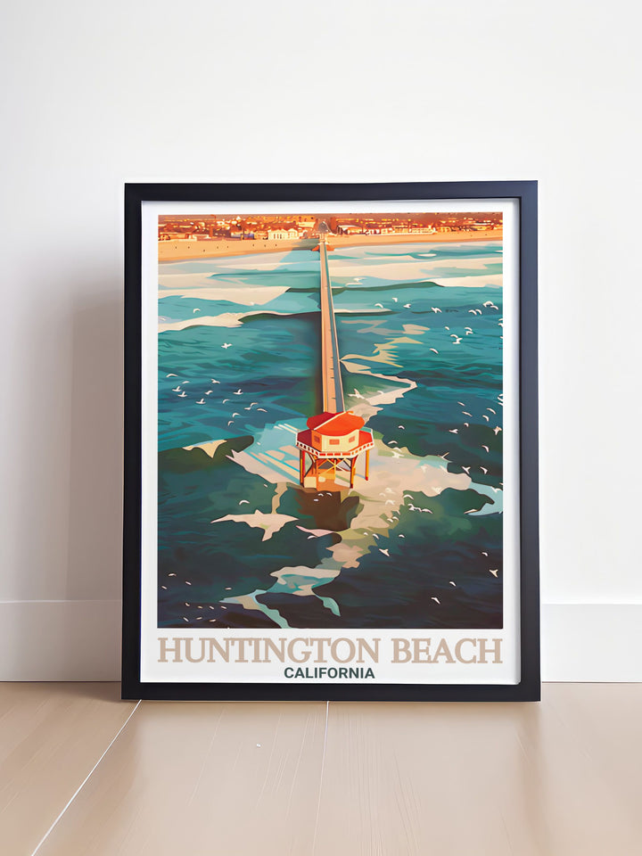 Add a splash of California to your walls with this framed art print of Huntington Beach Pier. With bold colors and an iconic subject, this artwork is perfect for brightening up any room or as a unique travel inspired gift.