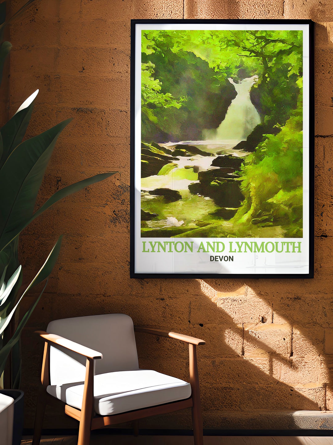 Beautiful Watersmeet wall art featuring the picturesque landscape of Lynton and Lynmouth. Vibrant colors and intricate details bring this peaceful scene to life.