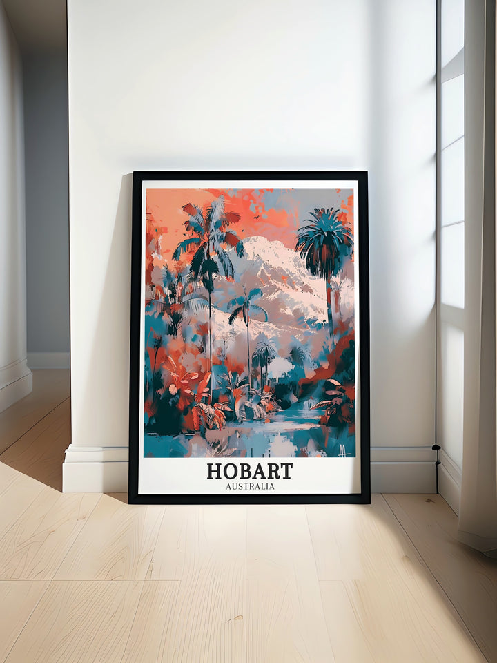 Vivid Australia wall art highlighting the tranquil scenes of the Royal Tasmanian Botanical Gardens with Mount Wellington in the distance. The detailed artwork offers a perfect representation of Hobarts natural treasures, making it a cherished piece for any home