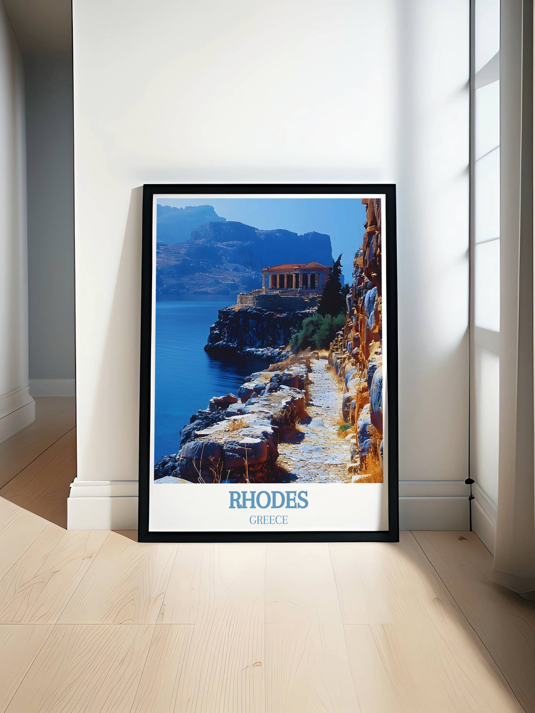 Acropolis of Lindos Modern Prints showcasing the stunning ancient ruins of Rhodes Greece. This elegant artwork adds a touch of history and beauty to any space. Ideal for home decor or a thoughtful gift for travel enthusiasts. The intricate details of the Acropolis of Lindos are beautifully rendered in this high quality print.