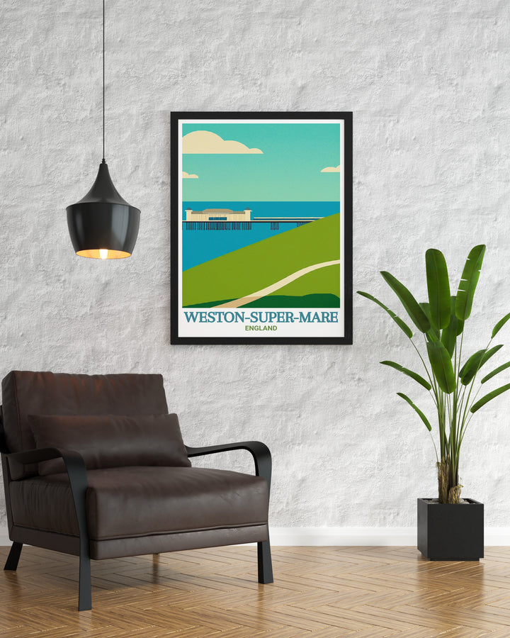 Weston Super Mare poster print captures the iconic seaside charm of Somersets coastal town, with its golden beaches and famous Grand Pier. Perfect for UK seaside lovers, this artwork brings the charm of Weston super Mare into your home or office, making it an ideal addition to any coastal themed décor.