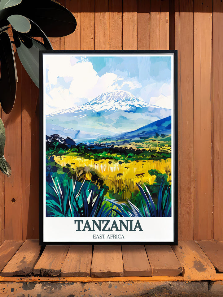 National Park Print showcasing the expansive Serengeti plains with giraffes combined with Mount Kilimanjaro Arusha National Park Modern Decor offering a stunning tribute to Tanzanias most iconic landscapes ideal for adventurous home decor.