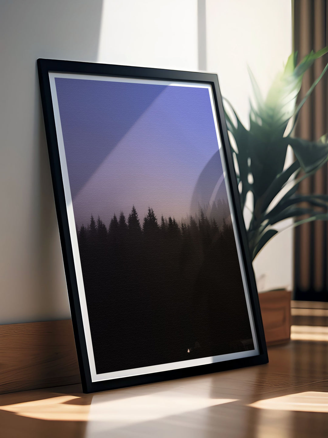 Framed artwork depicting the ethereal beauty of a foggy forest, showcasing the tranquil and enchanting atmosphere of natures misty landscapes.