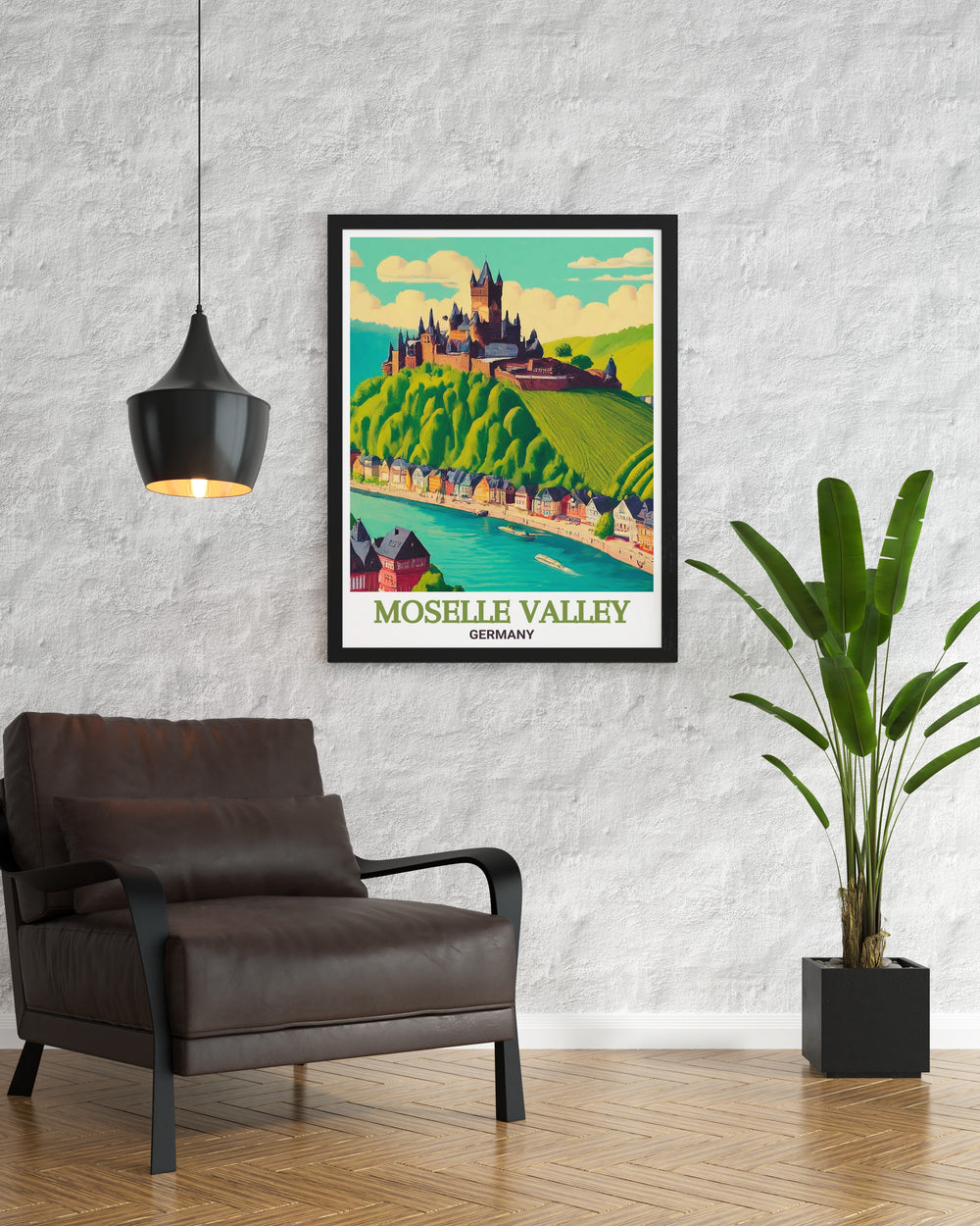 Stunning Cochem Castle modern print offering a breathtaking view of the Moselle Valley. This Germany wall art is an ideal addition to your home decor capturing the beauty of one of Germanys most iconic castles surrounded by picturesque vineyards.