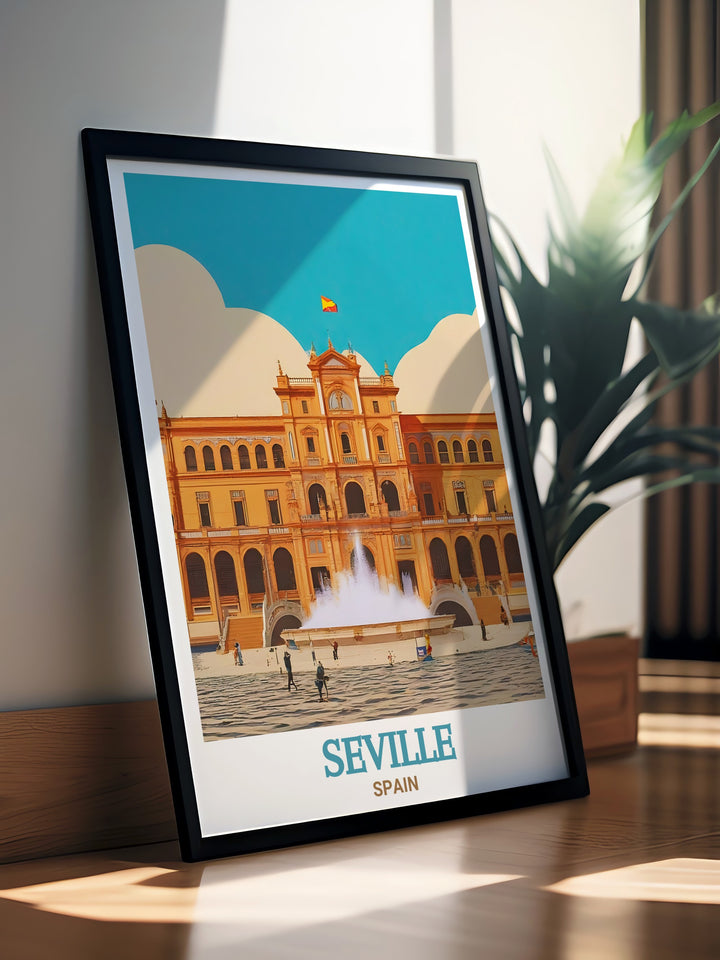 Featuring Sevilles iconic Plaza de España, this Spain Art Print offers a stunning depiction of one of Spains most celebrated landmarks. The combination of vibrant colors and intricate details makes this wall art a must have for those who appreciate Spanish architecture.