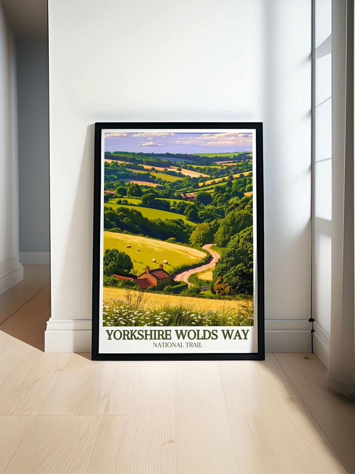 Personalized custom print of the Yorkshire Wolds Way, capturing the serene beauty and diverse landscapes of this national trail. Ideal for creating a unique piece of art that reflects your love for hiking and the natural beauty of the UKs hidden gems.