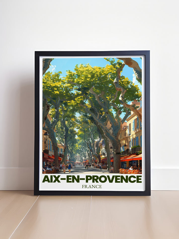 Explore the charm of southern France with this beautiful travel print of Aix en Provences Cours Mirabeau. The detailed artwork highlights the boulevards fountains and tree lined streets, offering a piece of Provence to display in your home. Perfect for lovers of French culture and travel art.