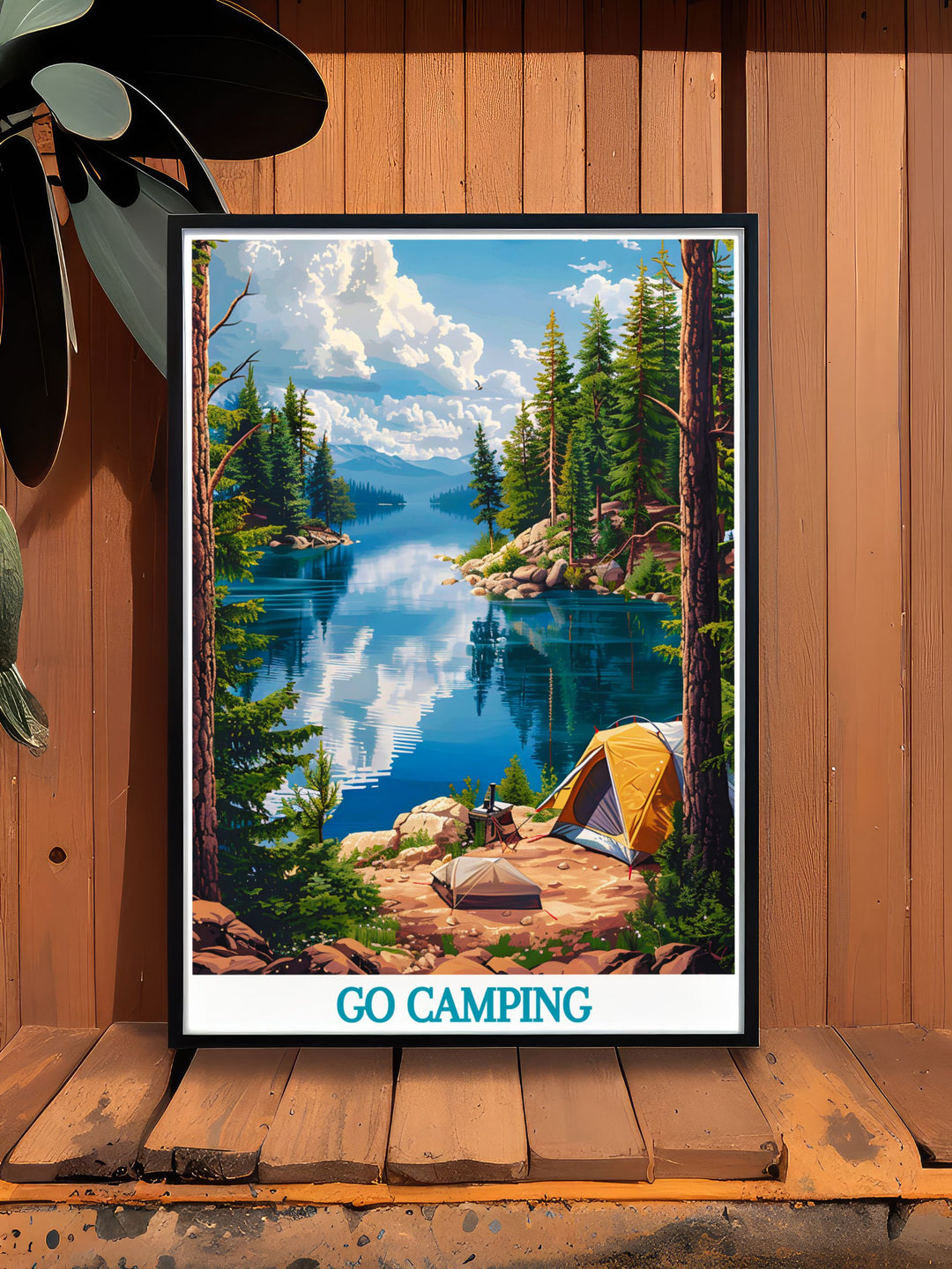 Framed art print of a lakeside camping site, highlighting the peaceful ambiance and scenic views, ideal for nature lovers and camping enthusiasts.