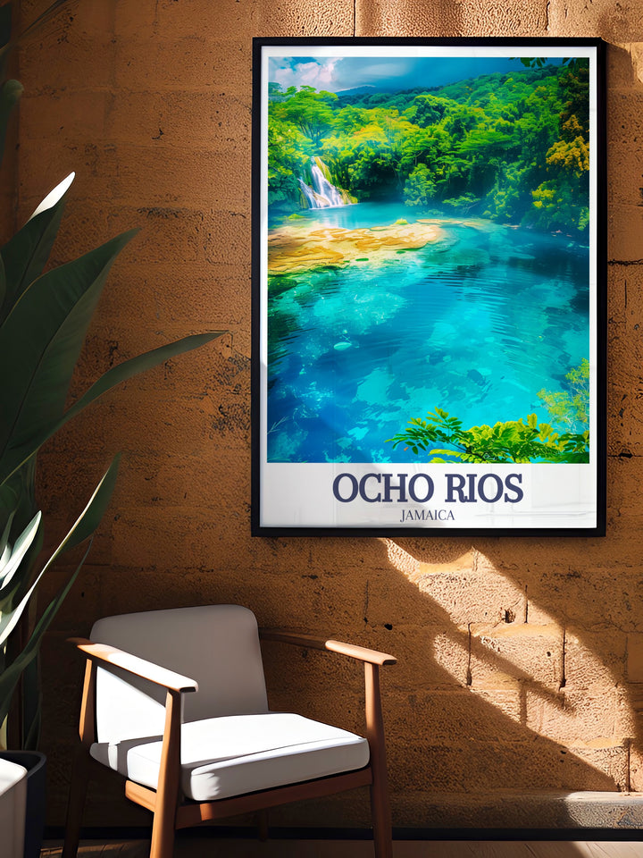 Add a touch of tropical charm to your walls with this vintage poster, depicting the iconic Blue Hole and the verdant Jamaican rainforest. The rich colors and intricate details of this canvas art make it a timeless addition to your art collection, offering a visual journey to the heart of Ocho Rios.