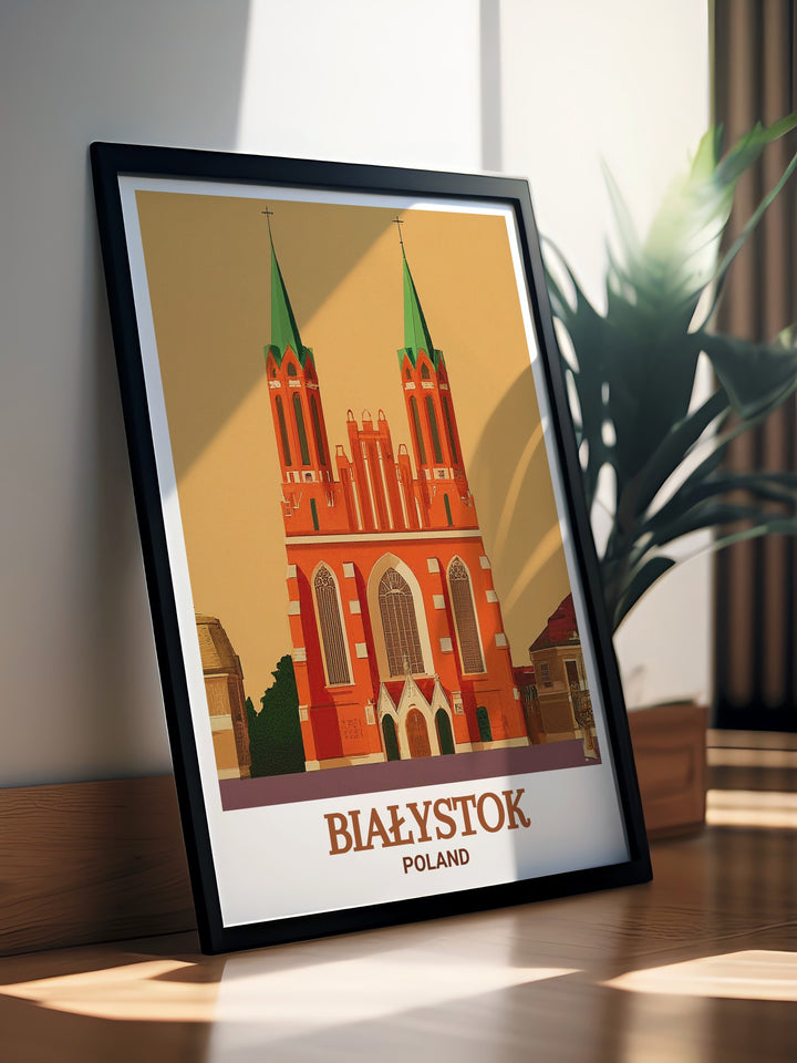 Białystok Archikatedra Travel Poster captures the essence of one of Polands most famous neo gothic churches. The detailed spires and façade are beautifully presented, making this a perfect gift or decor piece for anyone who loves history and architecture.