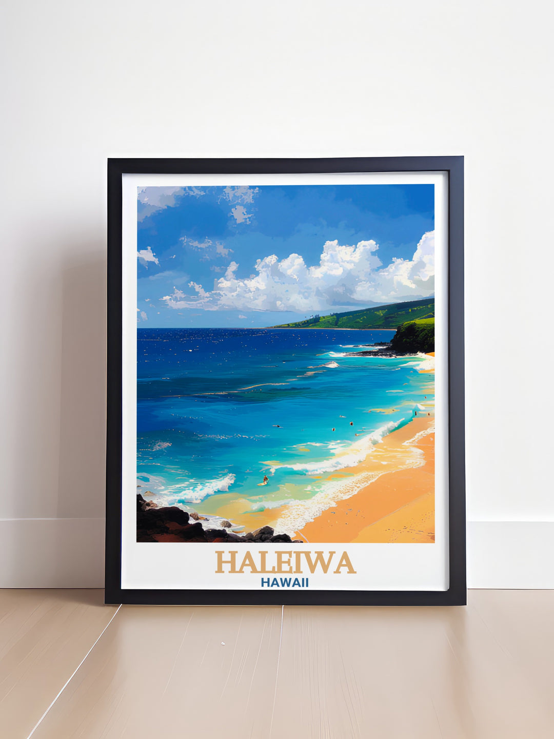 Personalized Haleiwa travel print with Waimea Bay and the iconic skyline of Haleiwa makes for a thoughtful gift or a stunning addition to your own home decor The bright color palette offers a modern yet timeless look perfect for any room