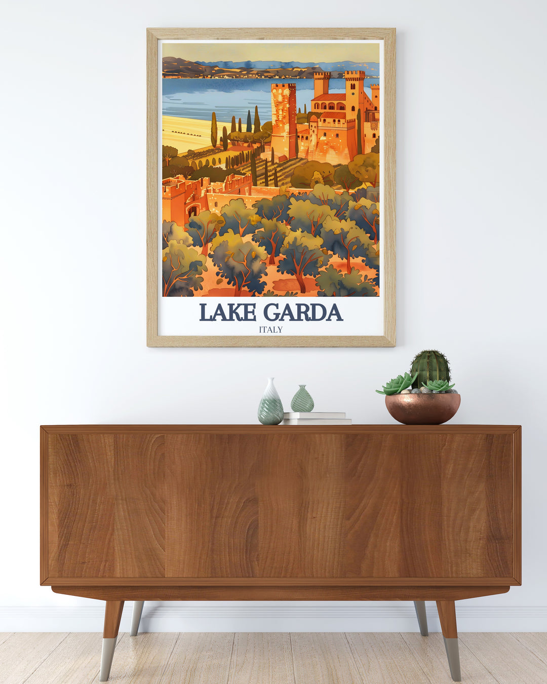 Vibrant Lake Garda poster showcasing Scaliger Castle and Grottoes of Catullus designed to add a modern touch to any room. This Italy poster is a wonderful gift for those who love travel and Italian culture perfect for enhancing home decor.