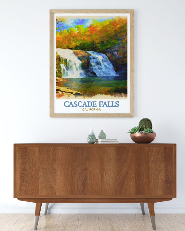 Bring the beauty of California travel into your home with this Cascade Falls poster print paired with Upper Cascade Falls stunning prints creating a captivating and serene environment ideal for nature and art enthusiasts.