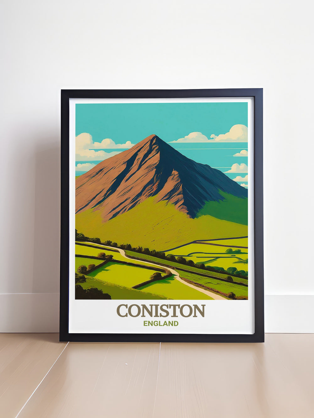 Framed art of the Old Man of Coniston in the Lake District, England, providing a detailed and serene view of the mountain and its breathtaking environment.