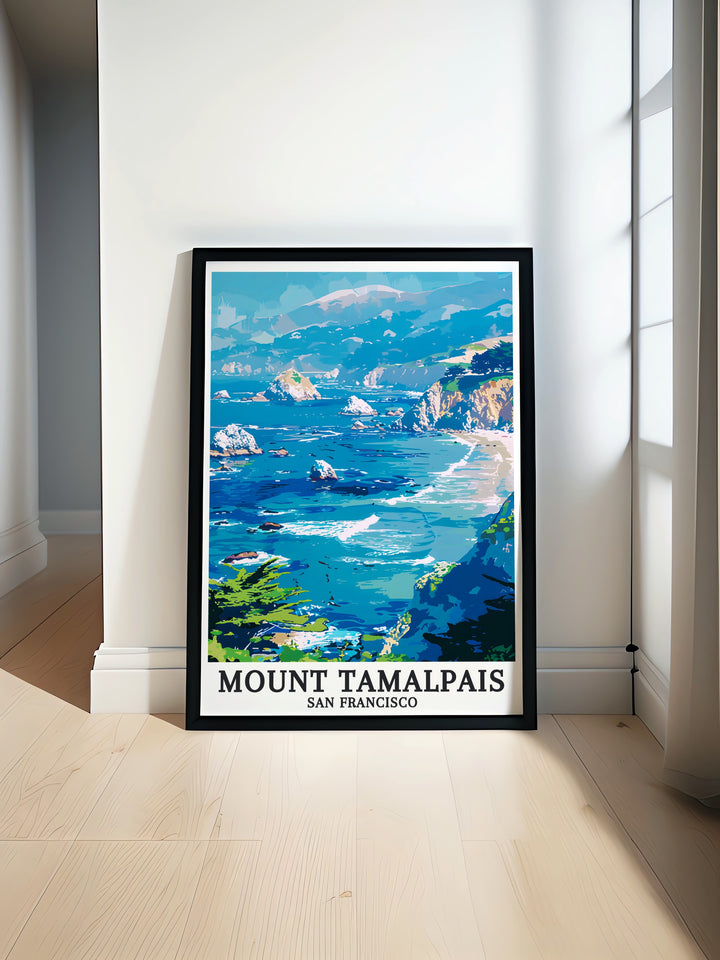 Mount Tamalpais art poster showcasing stunning views of the Pacific Ocean and Marin Hills. This California art print is perfect for home decor or as a California gift, adding elegance to any space with its detailed landscape.