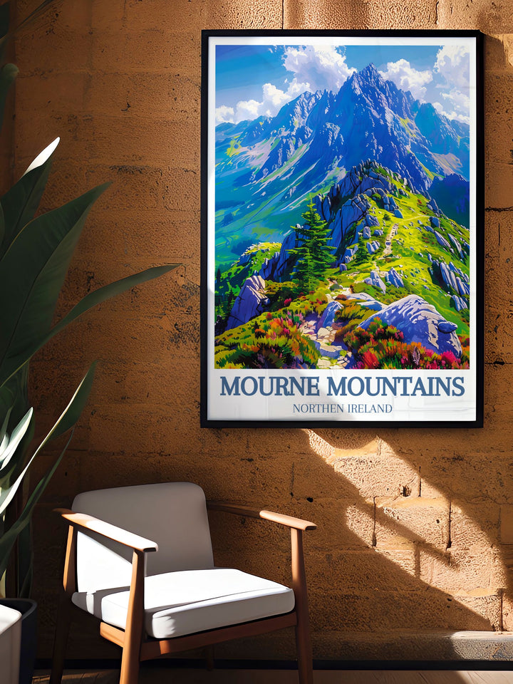 Experience the natural wonders of the Mourne Mountains with this detailed poster, capturing its serene lakes, lush forests, and picturesque meadows, perfect for adding a touch of natural elegance to your home.