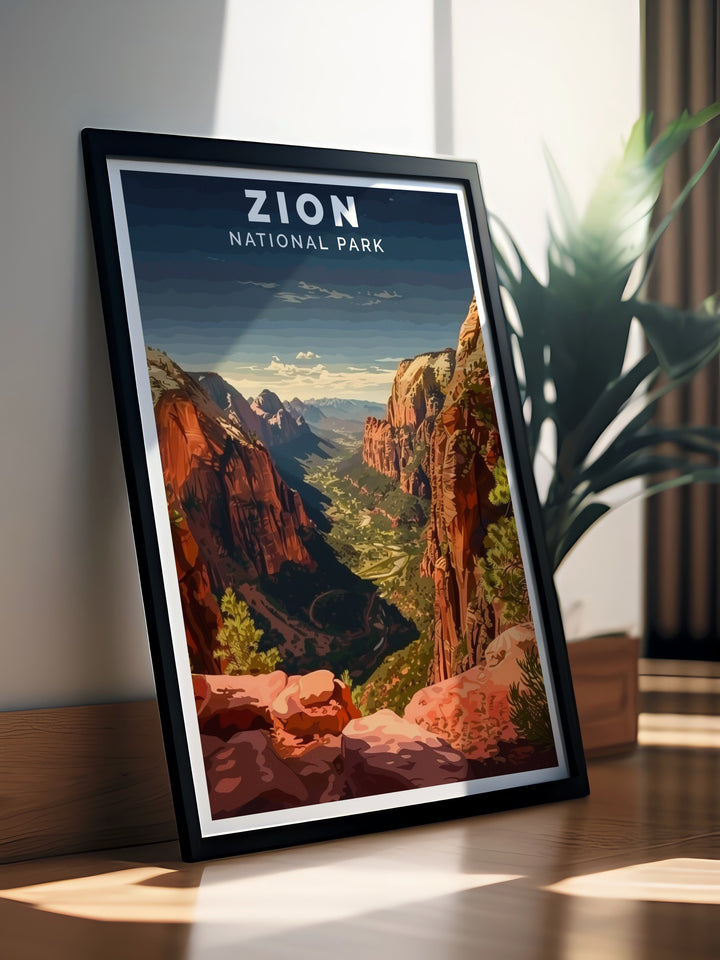 This Zion print beautifully illustrates the iconic Angels Landing, inviting viewers to experience its thrilling heights and natural beauty. Perfect for wall art enthusiasts, it embodies the essence of adventure in Zion National Park.