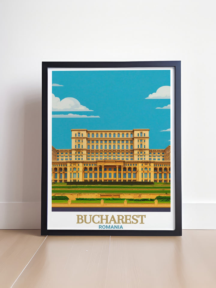 This Bucharest wall print captures the dynamic energy of Romanias capital city, with the Palace of the Parliament as the focal point. A travel art piece that celebrates Romanias modern cityscape, perfect for anyone who has visited or dreams of visiting this iconic city.