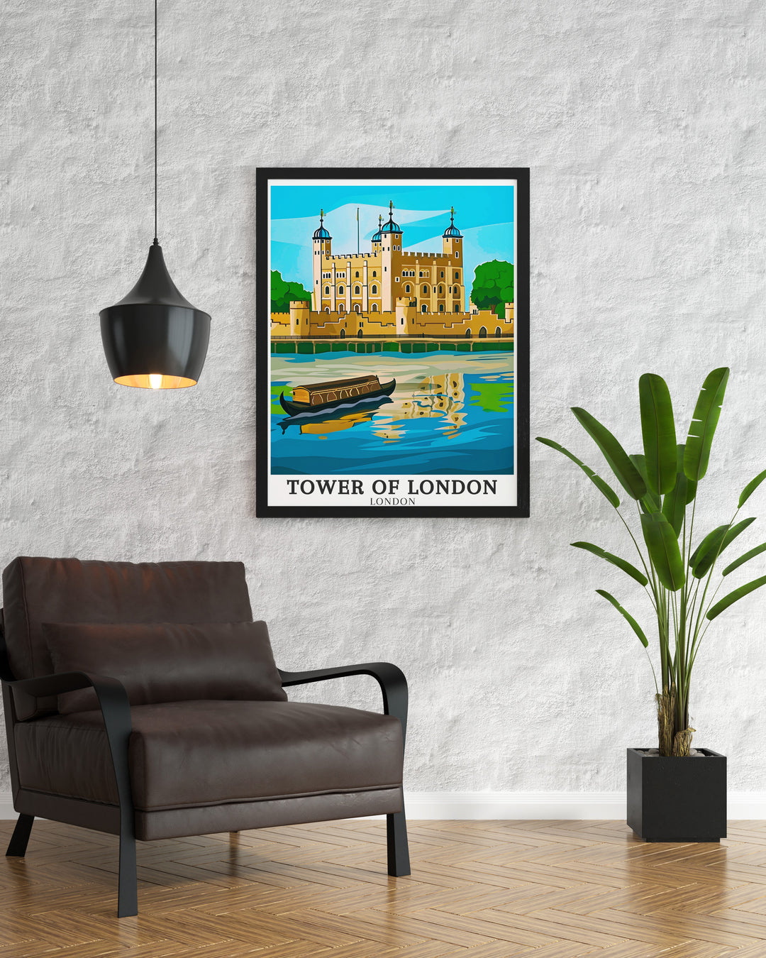 Thames Canal travel wall art showcasing the iconic landmarks of the Tower of London and His Majestys Royal Palace in London. These art pieces are a beautiful addition to home decor, offering a visual escape to the scenic beauty and historical significance of London. Ideal for travel enthusiasts, these prints bring the charm of the city into your living space.