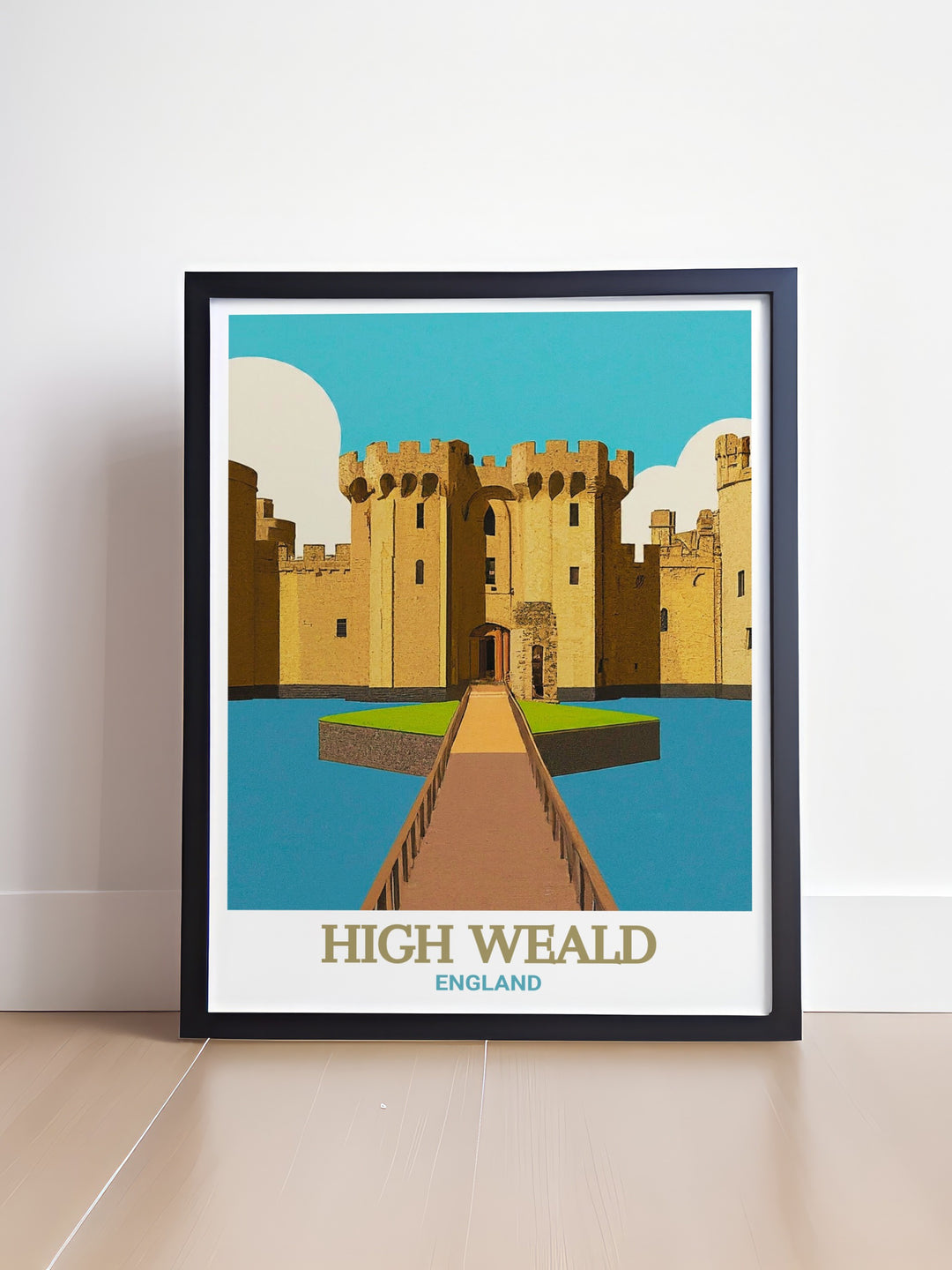 Bodiam Castle and High Weald AONB poster featuring the serene landscapes of Kent and Sussex bringing the charm of the British countryside into your home with stunning retro artwork perfect for framing and displaying in your living space.