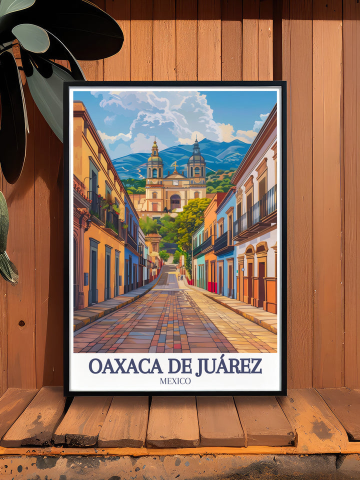 This poster captures the essence of Oaxaca de Juárez by focusing on two of its most beloved landmarks the historic Santo Domingo Church and the artistic hub of Calle Macedonia Alcalá. The perfect piece for those who appreciate Mexican art and architecture.