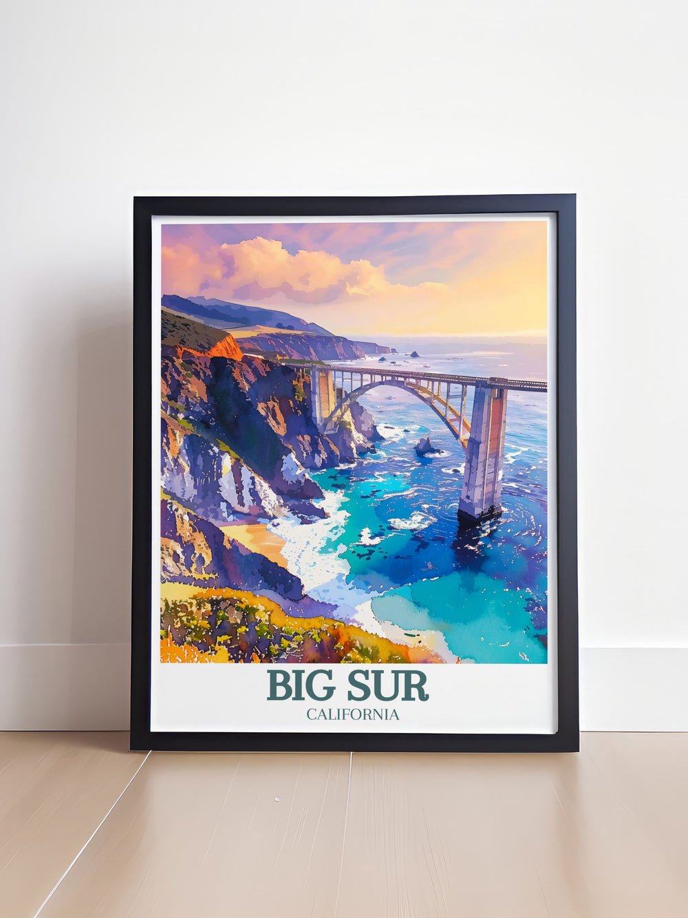 This detailed art print captures the stunning beauty of Big Sur, California, featuring the iconic Bixby Creek Bridge and the dramatic Pacific coastline, perfect for adding a touch of coastal charm to your home decor.