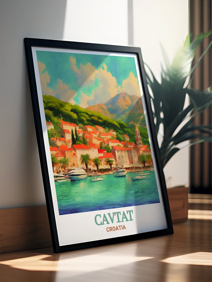 This Cavtat Old Town poster offers a breathtaking view of the towns harbor, set against a backdrop of Mediterranean landscapes, making it a perfect addition to any coastal or travel themed room.