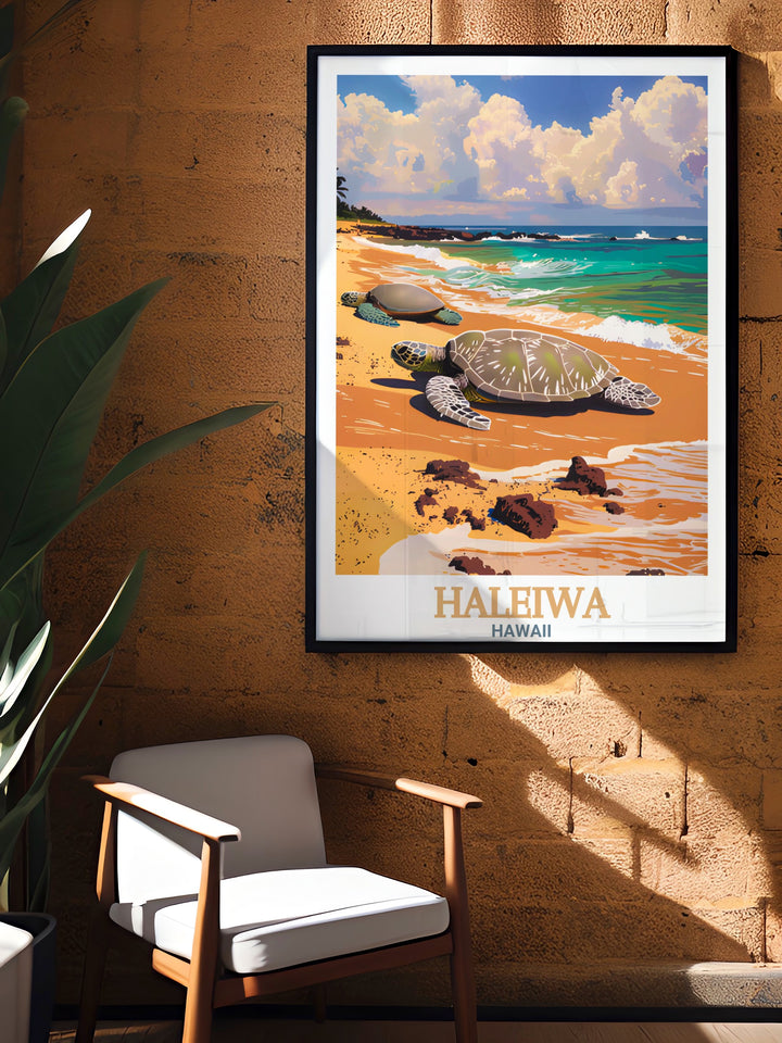 Experience the beauty of Hawaii with this Haleiwa travel print highlighting Laniakea Beach Turtle Beach Ideal for modern or vintage decor this poster is the perfect wall art to capture the peaceful coastal charm of Haleiwa