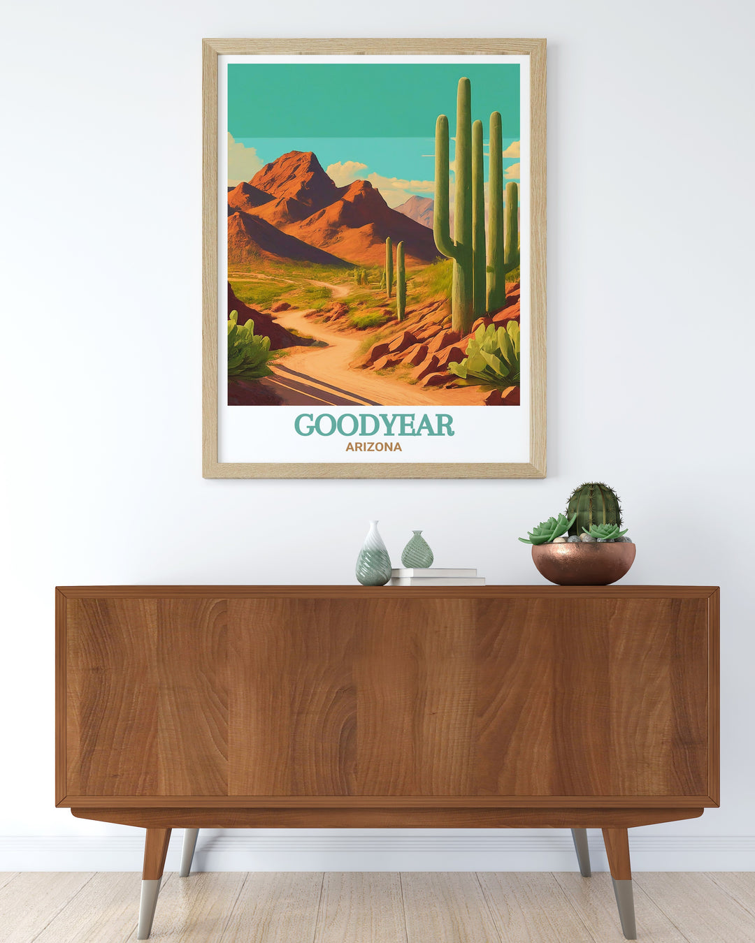 Bring the beauty of the Arizona desert into your living space with this Goodyear travel poster. The vibrant colors of the desert sunset, combined with the majestic silhouette of the Estrella Mountains, make this artwork a striking focal point for any room. Perfect for desert lovers and adventurers.