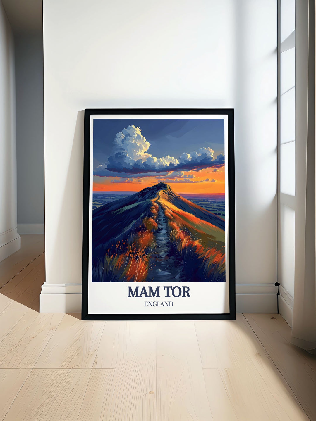 Mam Tor Ridge walk vintage travel print showcasing the scenic Great Ridge peaks and Derbyshire landscape ideal for home decor or as a hiking trail gift perfect for nature lovers and adventure seekers