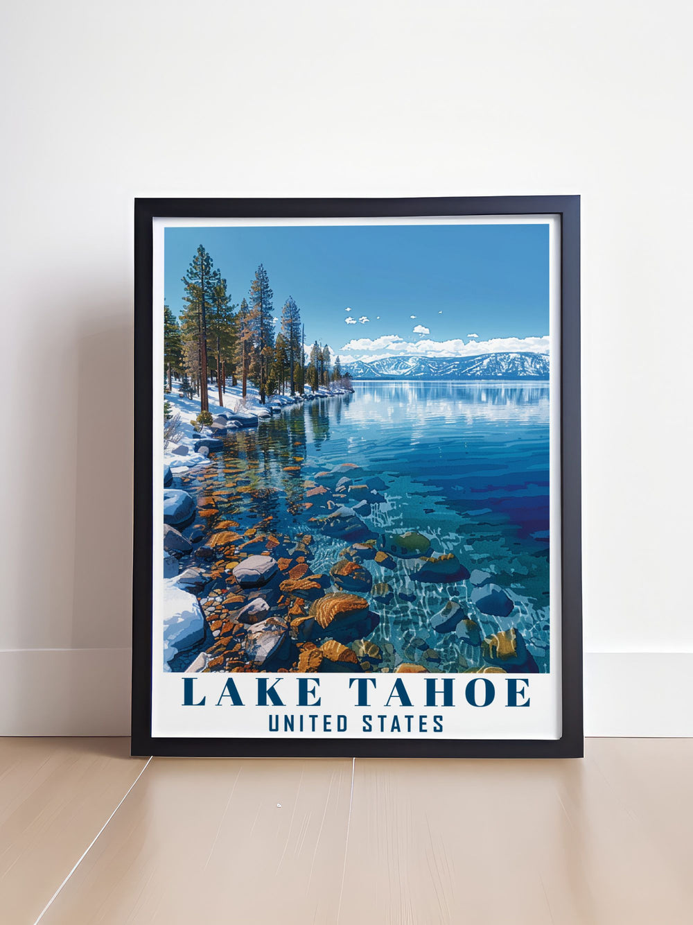 Enhance your living room with a Lake Tahoe Art Print showcasing the serene and picturesque scenery of this beautiful destination